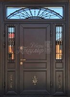 Металлическая дверь Одностворчатая дверь МДФ со стеклом и ковкой №486 для коттеджа