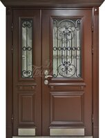 Металлическая дверь Входная дверь с массивом дуба со стеклом и ковкой №290
